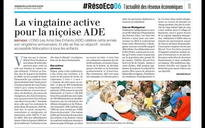 Article dans la Tribune bulletin côte d’Azur. 2023 = L’ONG ADE Les Amis Des Enfants fête ses 20 ans et met l’éducation au cœur de sa mission.